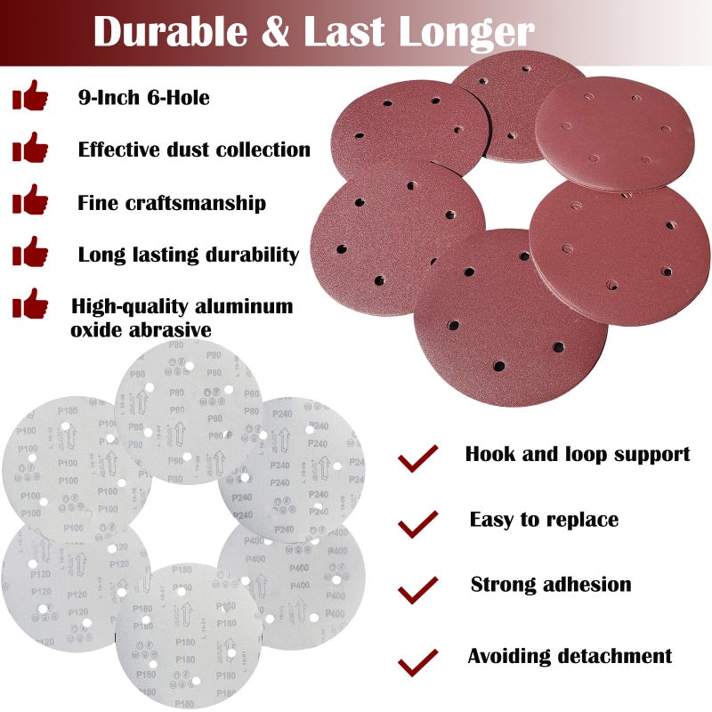 Tonmp 30 PCS 9 Inch 6 Hole Drywall Sanding Discs Set- 80 100 120 180 240 400 Grits, 9" Sandpaper Discs with Hook & Loop Backing, Fast Cutting Aluminum Oxide Abrasive for Drywall Power Sander, Wood Sander - Image 4