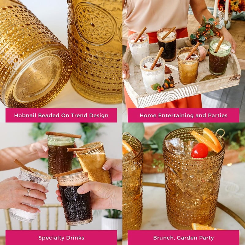 Kate Aspen Hobnail Beaded Floral Amber Drinking Glasses Set of 6 13 oz Vintage Glassware Set Cocktail Glass Set Juice Glass Water Cups  Great Hostess Gift  Gift for New Home Owners - Image 5