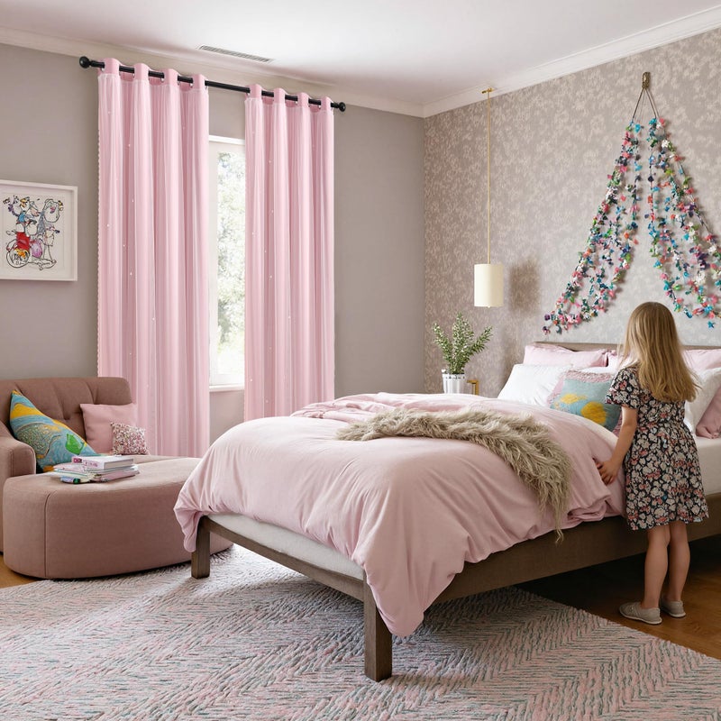 XiDi Blackout Light Pink Curtains Star with Sheer Overlay for Girls Bedroom Living Room 84 Inches Long 2 Panels Nursery Kids Princess Room Darkening Drapes Grommet Window Curtains Baby Pink 34x84 - Image 2