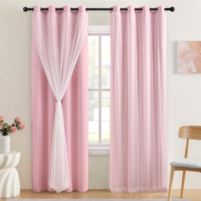 XiDi Blackout Light Pink Curtains Star with Sheer Overlay for Girls Bedroom Living Room 84 Inches Long 2 Panels Nursery Kids Princess Room Darkening Drapes Grommet Window Curtains Baby Pink 34x84 - Image 1