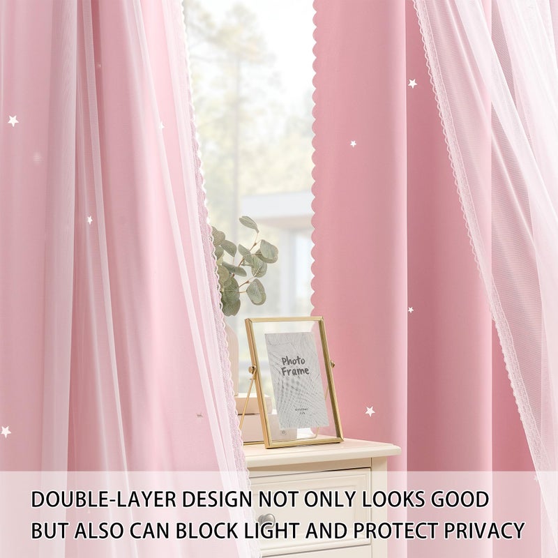 XiDi Blackout Light Pink Curtains Star with Sheer Overlay for Girls Bedroom Living Room 84 Inches Long 2 Panels Nursery Kids Princess Room Darkening Drapes Grommet Window Curtains Baby Pink 34x84 - Image 3