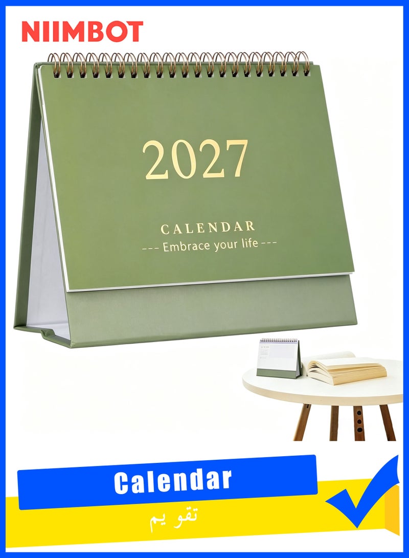 NIIMBOT Desk Calendar 2026-2027, Standing Flip Small Desk Calendar 2026/07-2027/12 Monthly Desktop Calendar Thick Paper Twin-Wire Binding for Home or Office (Green) - Image 1