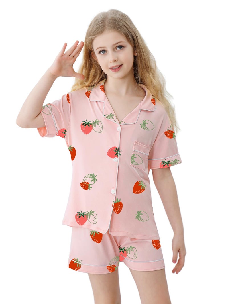 Umeyda Girls Pajamas Set, 2Pj Nightwear Button-Down Sleepwear for Kid 2 Piece Lounge Sets, Pink Strawberry, 7-8 Years - Image 2