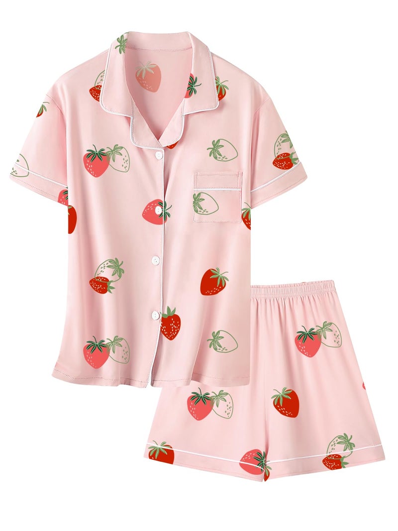 Umeyda Girls Pajamas Set, 2Pj Nightwear Button-Down Sleepwear for Kid 2 Piece Lounge Sets, Pink Strawberry, 7-8 Years - Image 1