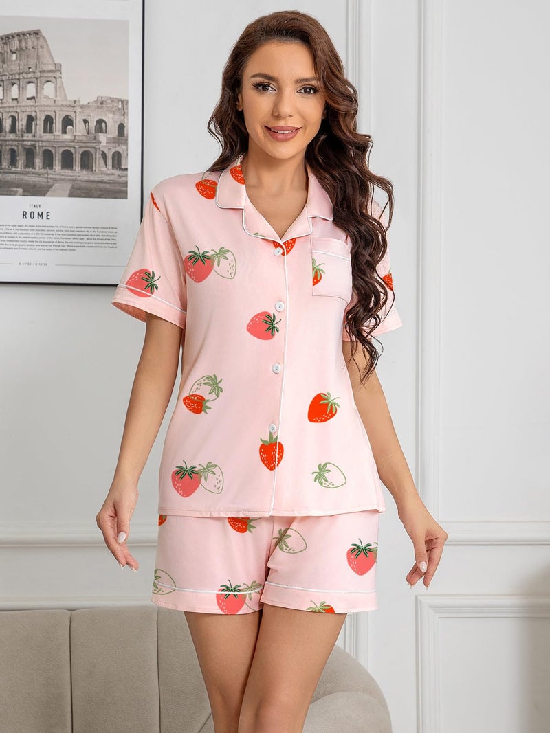 Umeyda Girls Pajamas Set, 2Pj Nightwear Button-Down Sleepwear for Kid 2 Piece Lounge Sets, Pink Strawberry, 7-8 Years - Image 4