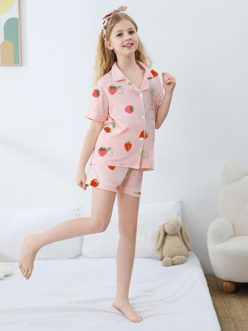 Umeyda Girls Pajamas Set, 2Pj Nightwear Button-Down Sleepwear for Kid 2 Piece Lounge Sets, Pink Strawberry, 7-8 Years - Image 3