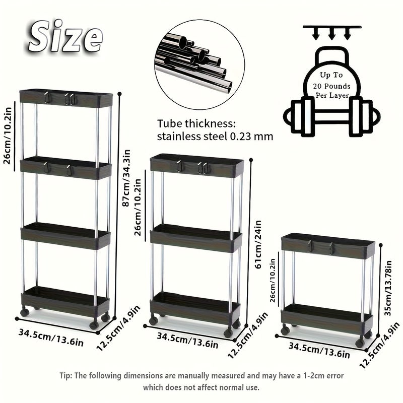 Pull-Out Storage | 4/3/2-Tier Slim Rolling Storage Cart - 4-Wheel Space-Saving Mobile Organizer, Suitable for Bathroom and Laundry Room - Durable Plastic Metal Frame, Adjustable Shelves, Compact Design for Narrow Spaces, Multi-Layer Bathroom Cart - Image 5