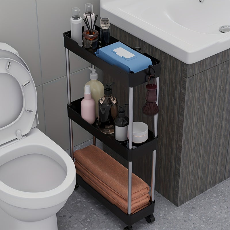 Pull-Out Storage | 4/3/2-Tier Slim Rolling Storage Cart - 4-Wheel Space-Saving Mobile Organizer, Suitable for Bathroom and Laundry Room - Durable Plastic Metal Frame, Adjustable Shelves, Compact Design for Narrow Spaces, Multi-Layer Bathroom Cart - Image 2