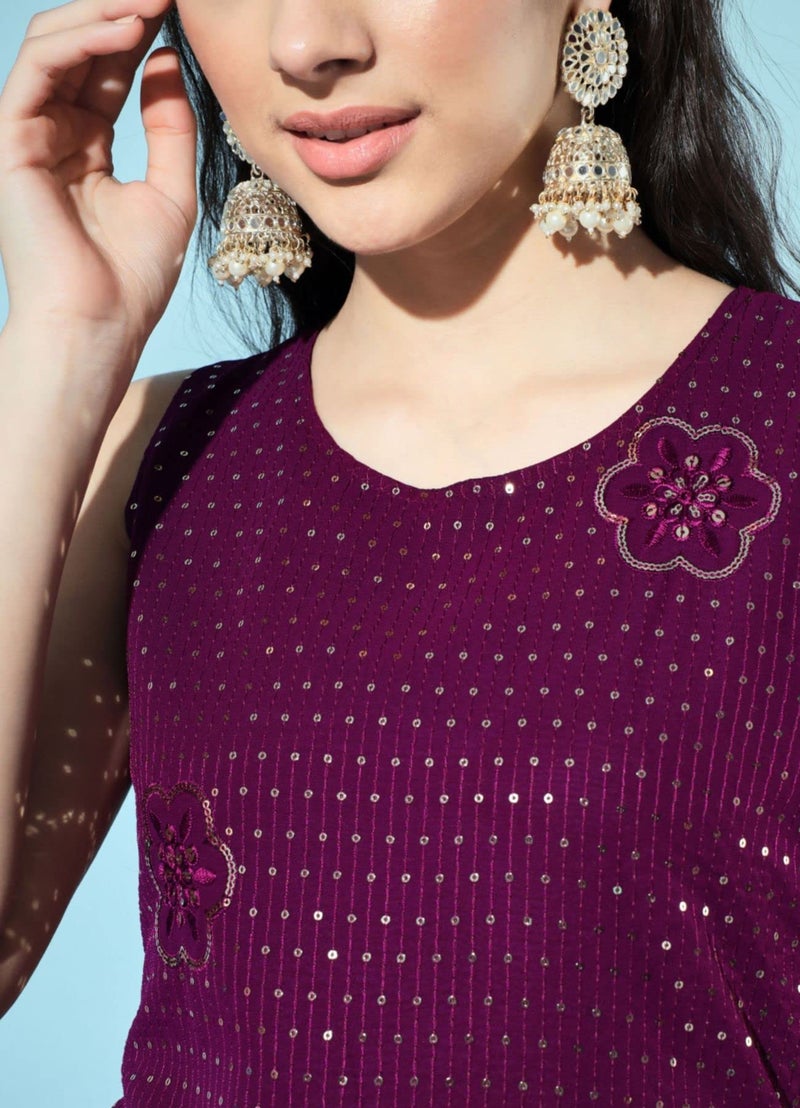 SHOPPING QUEEN Women's Georgette Regular Fit Embroidered Kurta and Sharara Set (A397_Wine_2XL) - Image 3