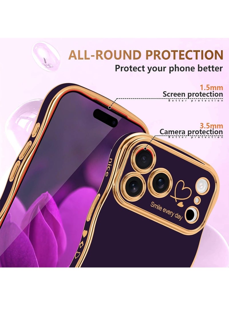 WRISTWISE Case Cover for iPhone 17 Pro, Cute Wave Frame Curly Shape with Love Heart Pattern Raised Camera Protection Cover Luxury Plating Shockproof Phone Case for iPhone 17 Pro, Purple - Image 4