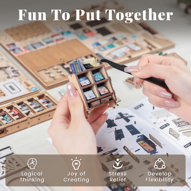 CUTEBEE DIY Book Nook Kit, Miniature House Kits for Adult and Teens, DIY Miniature Book Nook kit with Sensor Led Light, Gifts for Lovers and Family (The Scholar's Bookstore) - Image 5