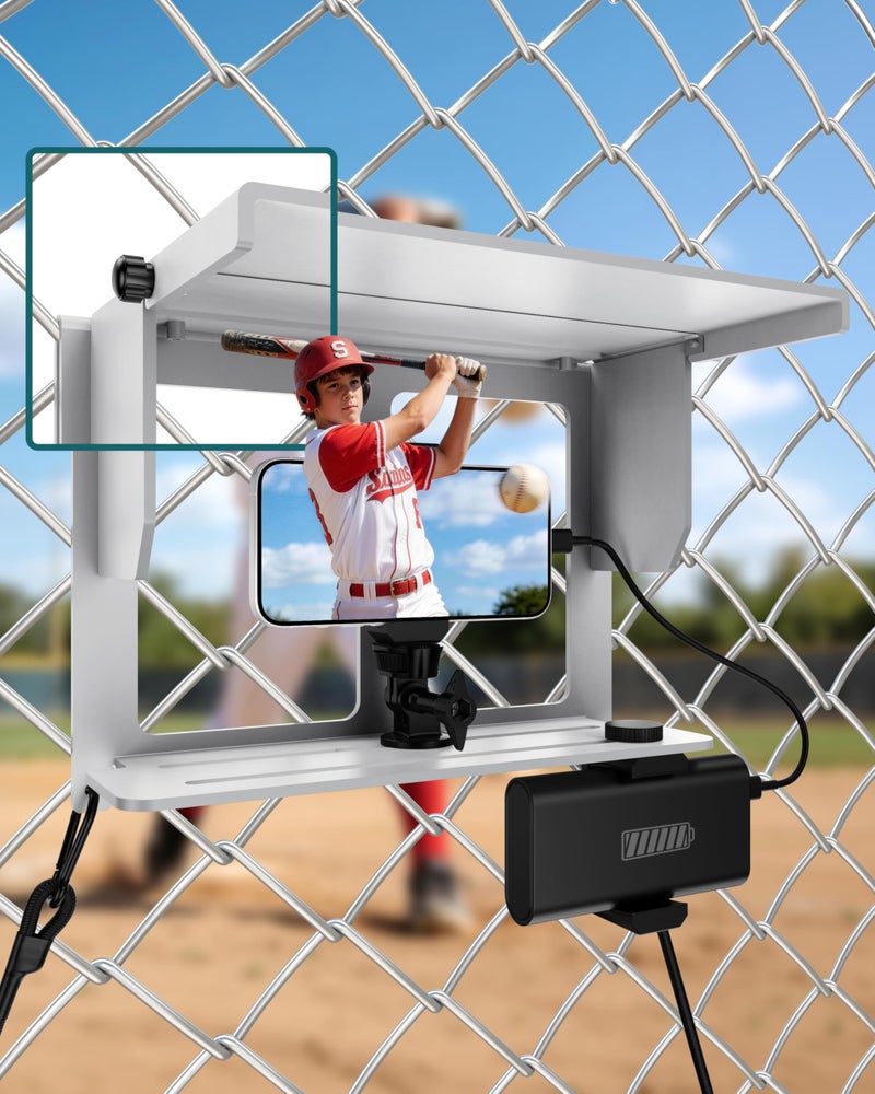 Stouchi Game Changer Mounting Kit, Fence Mount with Adjustable Sun Shade Power Bank Clip, Stable No-Shake Recording Kit for iPhone, Samsung, GoPro, Mevo Start for Baseball Softball Tennis-Silver - Image 1