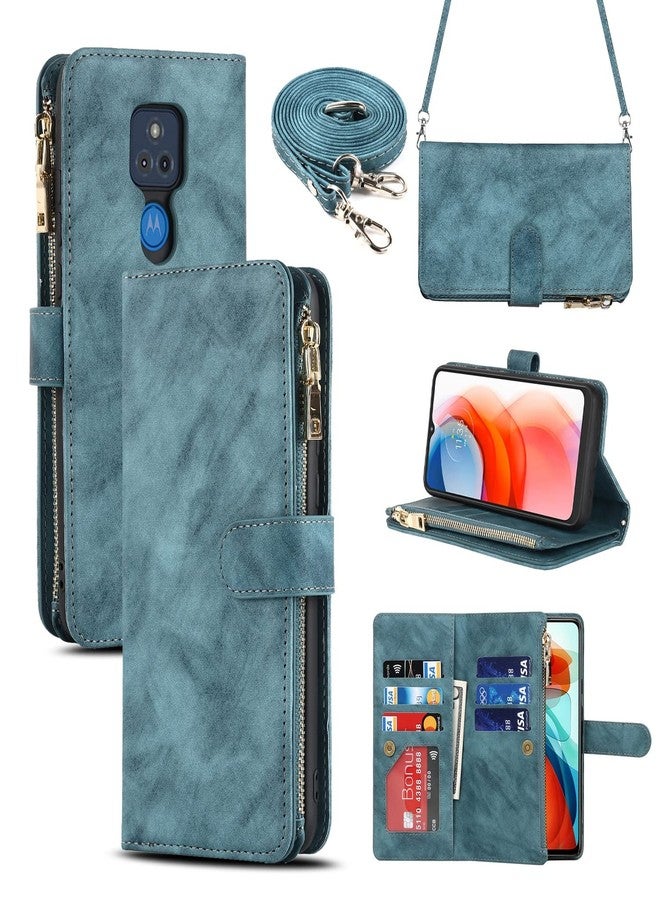 iCoverCase for Motorola Moto G Play 2021 Wallet Case with Card Holder, Kickstand Feature PU Leather Case with Adjustable Crossbody Lanyard Magnetic Clasp Zipper Pocket Flip Cover (Blue) - Image 1
