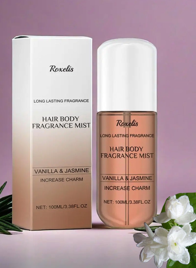 Roxelis 100ml Hair Body Fragrance Mist Long Lasting Fragrance Perfume Spray Haircare Refreshing Body Moisturizing Hydrating Soft Hair Care Spray Vanilla and Jasmine - Image 1