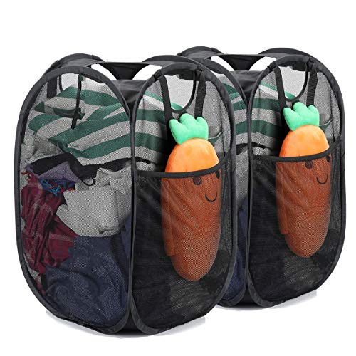 HOUSE AGAIN 2 Pcs Strong Mesh Popup Laundry Hamper Quality Pop Up Hampers for Laundry with Durable Handles Solid Bottom High Carbon Steel Frame Easy to Open and Fold Flat for StorageBlack 