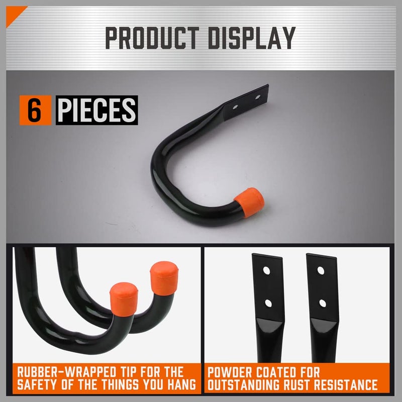 HORUSDY 6-Pack Heavy Duty Metal Wall Hooks, Large Garage Storage & Organization Hooks for Tools, Extension Cords, Ladders, and Bags, Wall Mount J Hooks for Indoor Outdoor Use, Black - Image 4