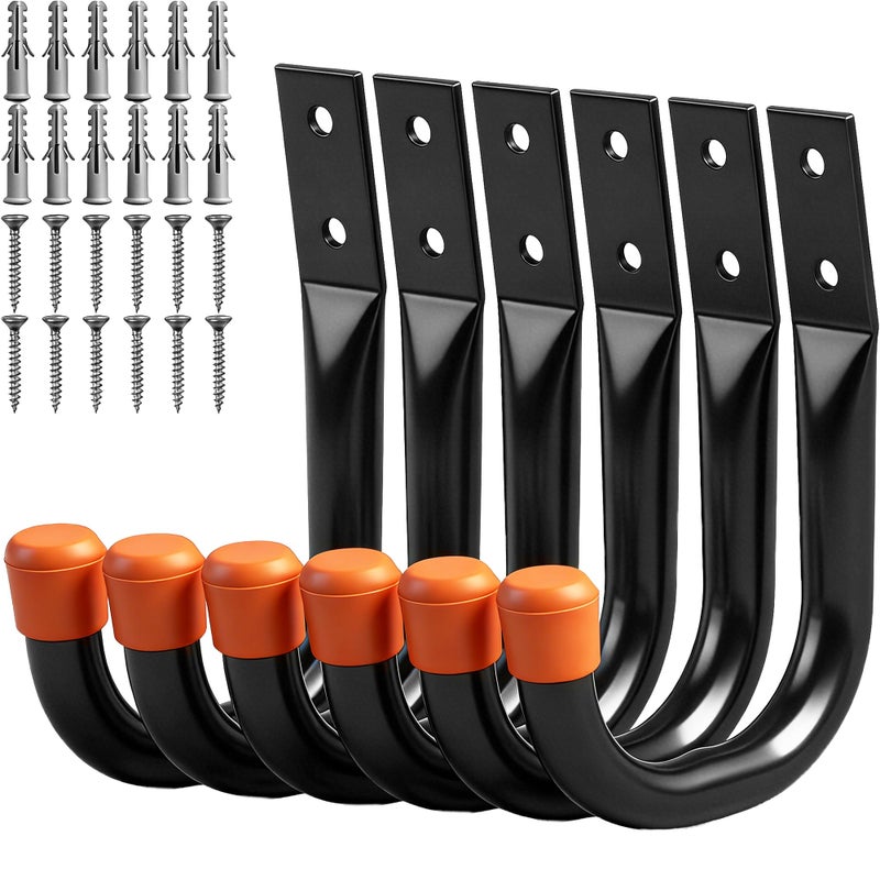 HORUSDY 6-Pack Heavy Duty Metal Wall Hooks, Large Garage Storage & Organization Hooks for Tools, Extension Cords, Ladders, and Bags, Wall Mount J Hooks for Indoor Outdoor Use, Black - Image 1