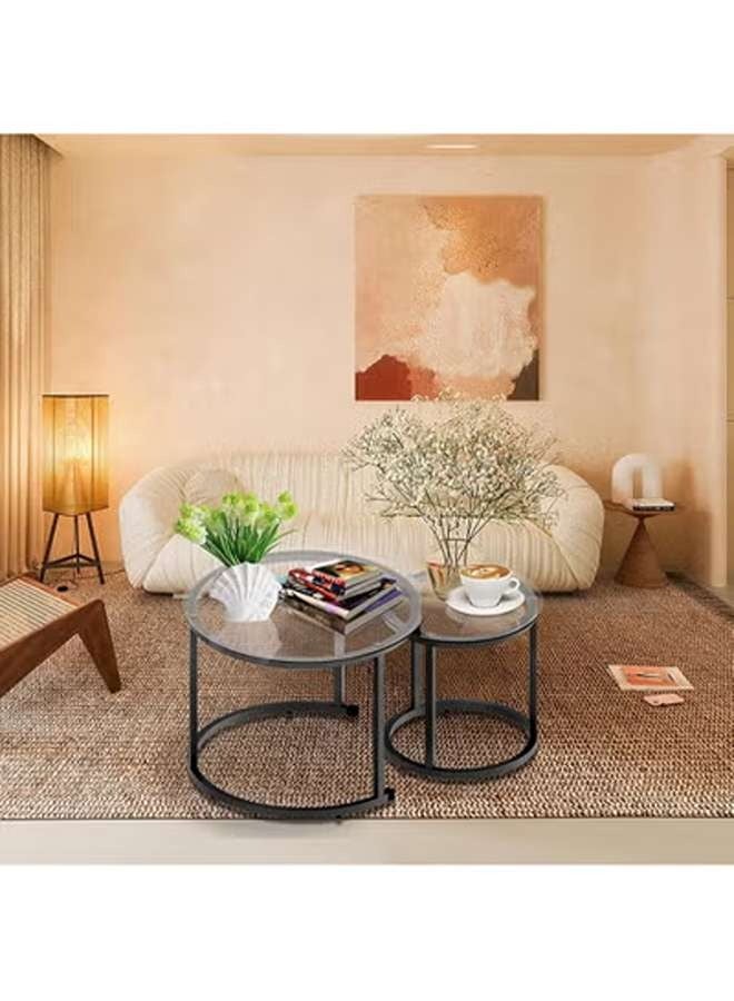 إيه جي دي طقم طاولة قهوة زجاجية متداخلة باللون الأسود مكون من قطعتين، طاولة جانبية معدنية مستديرة حديثة لغرفة المعيشة وغرفة النوم ومناطق الشقق الصغيرة ذات سطح زجاجي وإطار معدني من إيه جي دي - Image 3