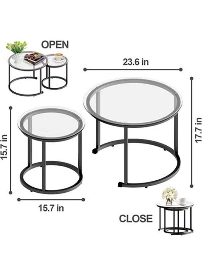 إيه جي دي طقم طاولة قهوة زجاجية متداخلة باللون الأسود مكون من قطعتين، طاولة جانبية معدنية مستديرة حديثة لغرفة المعيشة وغرفة النوم ومناطق الشقق الصغيرة ذات سطح زجاجي وإطار معدني من إيه جي دي - Image 4