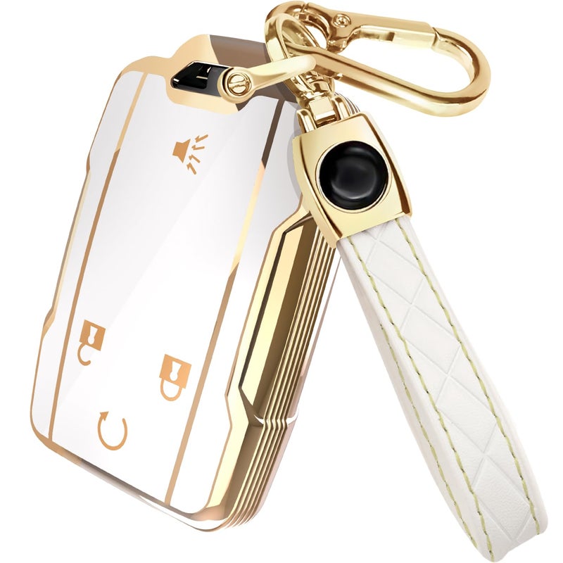 Lucrum Compatible with Chevy & GMC Key Fob Cover & Leather Keychain - TPU Keyfob Case for Colorado Silverado Suburban Tahoe (2014-2021) - White and Gold - Image 1