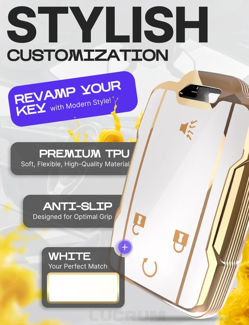 Lucrum Compatible with Chevy & GMC Key Fob Cover & Leather Keychain - TPU Keyfob Case for Colorado Silverado Suburban Tahoe (2014-2021) - White and Gold - Image 3