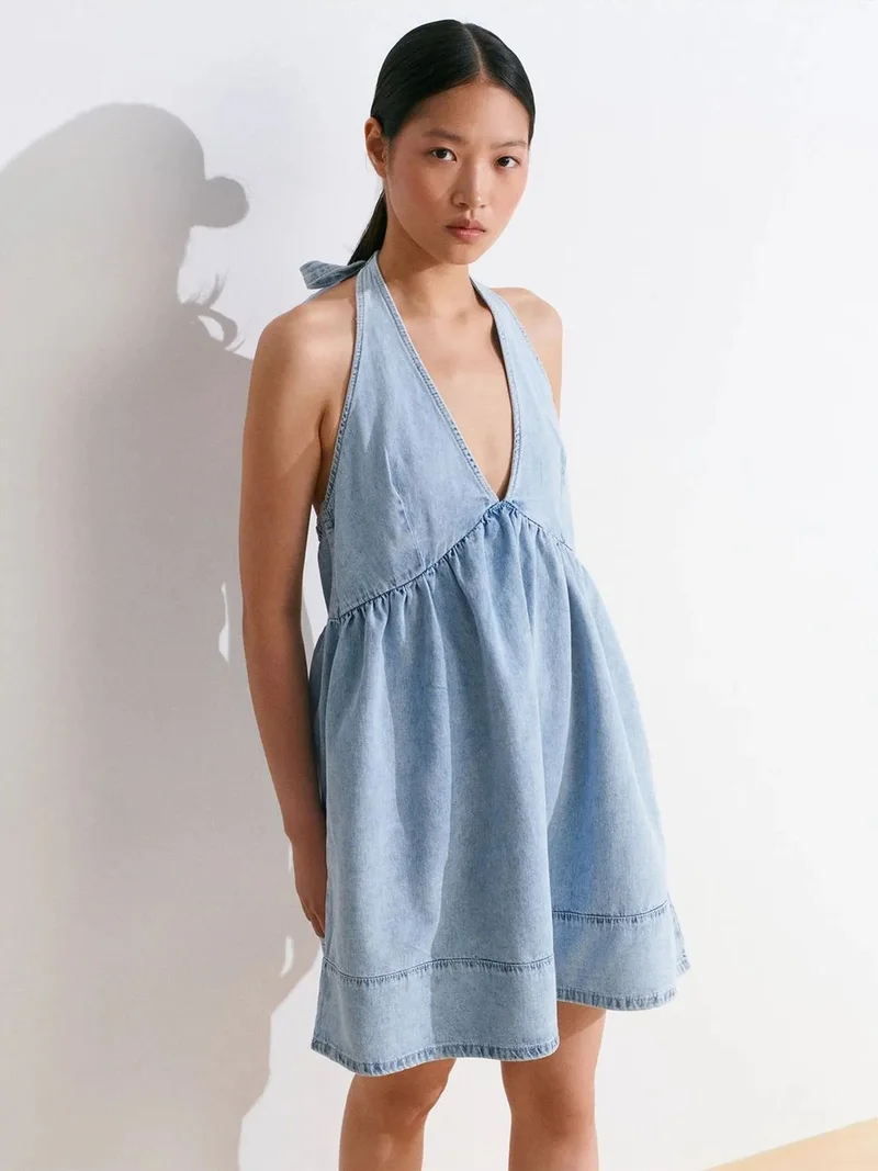 ديلفين DILVIN Mini Cotton Denim Halter Dress