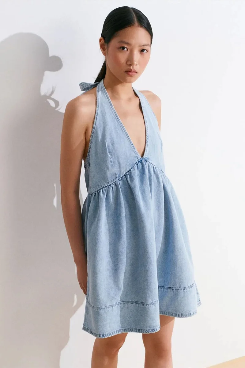 ديلفين DILVIN Mini Cotton Denim Halter Dress