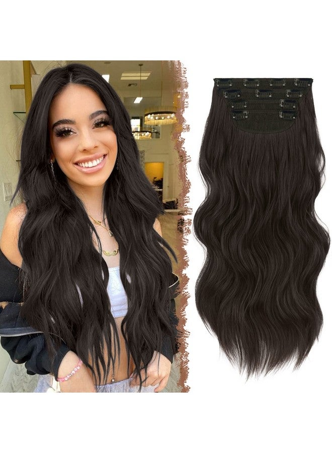 فيشبن وصلات شعر بمشبك 4 قطع باللون الأسود والبني السميك قطعة شعر طويلة مموجة بمشبك في وصلات شعر من الألياف الاصطناعية لرأس كامل للنساء، 20 بوصة 180 جم - Image 1
