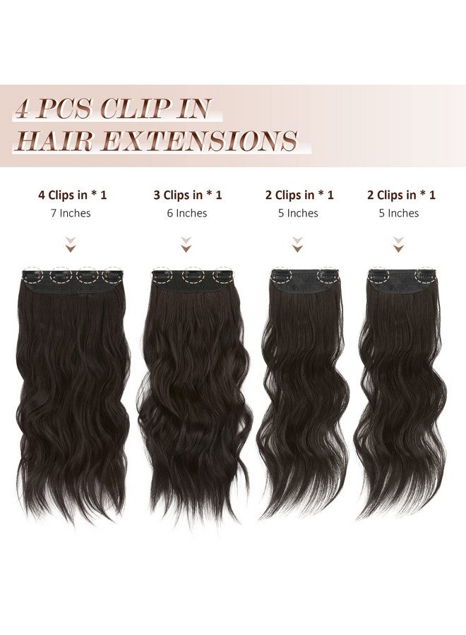 فيشبن وصلات شعر بمشبك 4 قطع باللون الأسود والبني السميك قطعة شعر طويلة مموجة بمشبك في وصلات شعر من الألياف الاصطناعية لرأس كامل للنساء، 20 بوصة 180 جم - Image 2