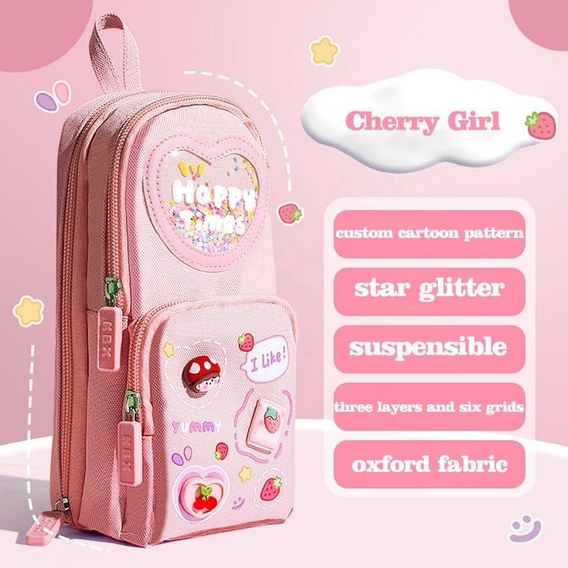 PRANIJ Cute Aesthetic Large Capacity 6 Layer with 3 Compartment Pencil Case Pouch with Zipper Portable Stationery Organizer for School College Boys Girls Women Men (Pink - Happy Times) - Image 2