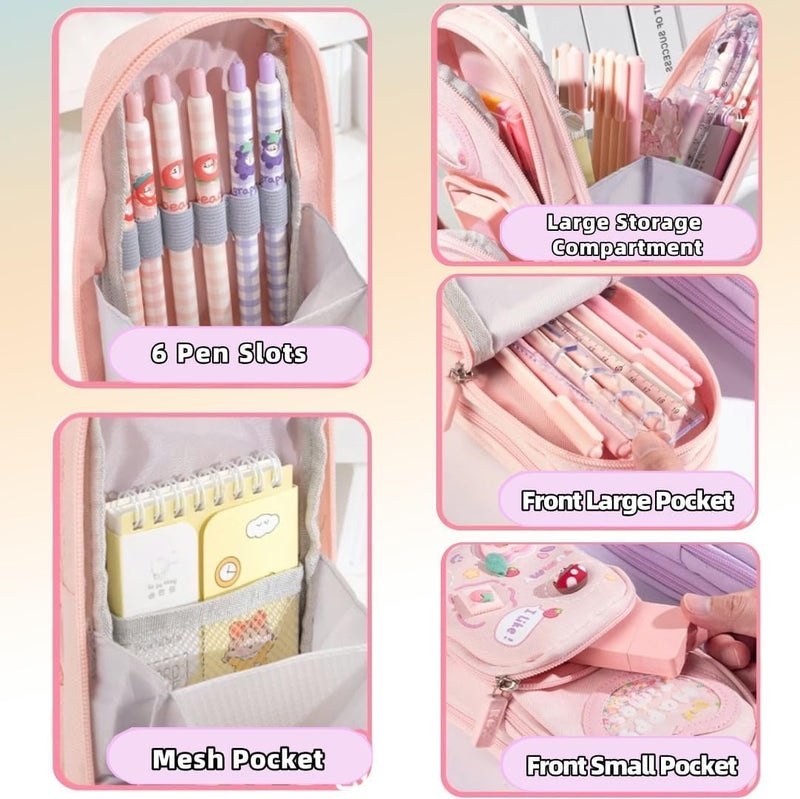 PRANIJ Cute Aesthetic Large Capacity 6 Layer with 3 Compartment Pencil Case Pouch with Zipper Portable Stationery Organizer for School College Boys Girls Women Men (Pink - Happy Times) - Image 4