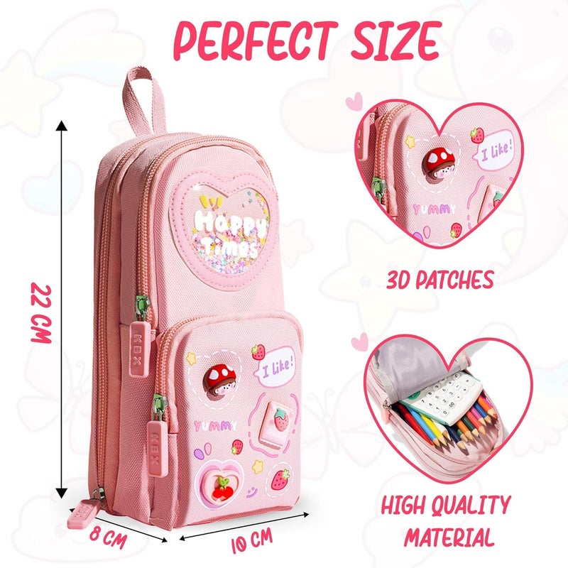 PRANIJ Cute Aesthetic Large Capacity 6 Layer with 3 Compartment Pencil Case Pouch with Zipper Portable Stationery Organizer for School College Boys Girls Women Men (Pink - Happy Times) - Image 3