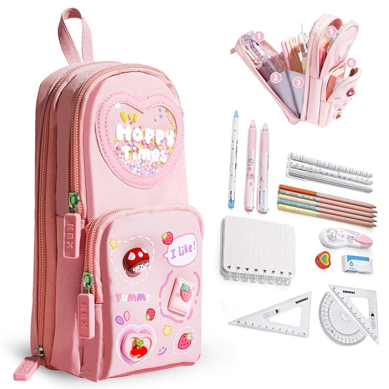 PRANIJ Cute Aesthetic Large Capacity 6 Layer with 3 Compartment Pencil Case Pouch with Zipper Portable Stationery Organizer for School College Boys Girls Women Men (Pink - Happy Times) - Image 5