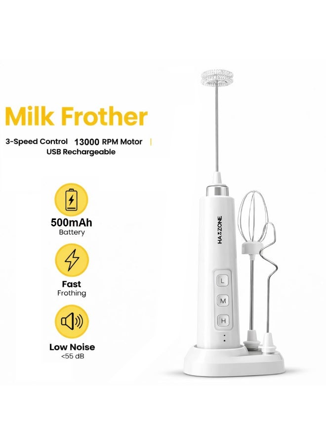 Hamzone Rechargeable Handheld Milk Frother with Detachable Whisk & Cover, USB Electric Foam Maker for Coffee, Latte & Cappuccino – White - Image 1