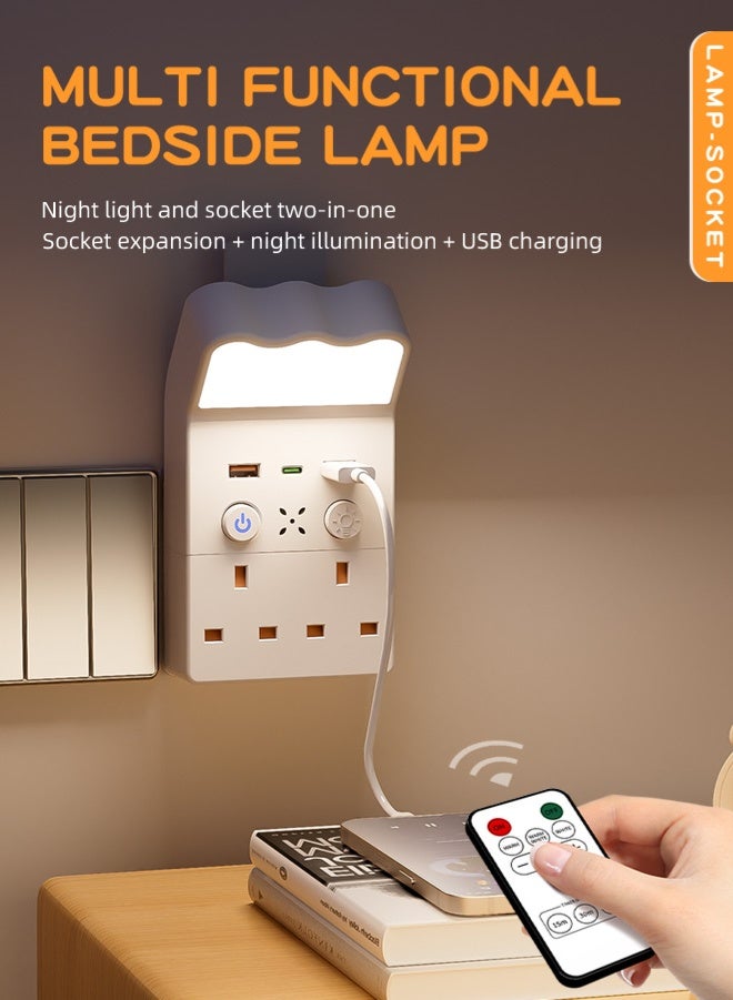 OSGONA Multi Plug Extension Socket, Electrical Connection, Electrical Outlet Extender, Power Extension , Universal Plug Adapter, with Remote Control, 3-Color Dimmable Night Light, 2 USB Ports and 1 Type-C Fast Charging Port, Phone Holder, UK 10A Switched Plug, 2500W Max Power, USB Wall Charger for Home, Office, Kitchen - Image 1