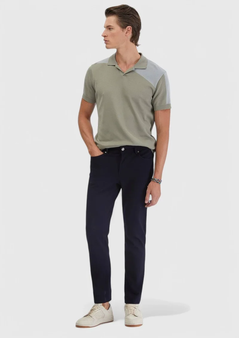 RAMSEY Navy Blue Knitting Slim Fit Casual Trousers