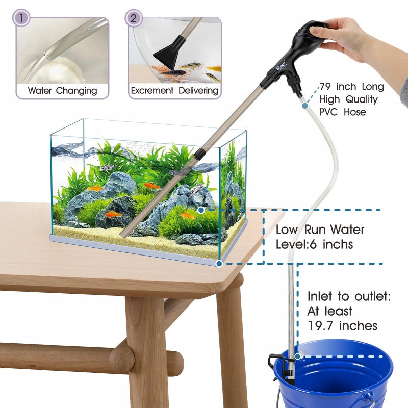hygger Small Gravel Vacuum for Aquarium, Manual 80GPH Aquarium Gravel Cleaner Low Water Level Water Changer Fish Tank Cleaner with Pinch or Grip Run in Seconds Suction Ball Adjustable Length - Image 4