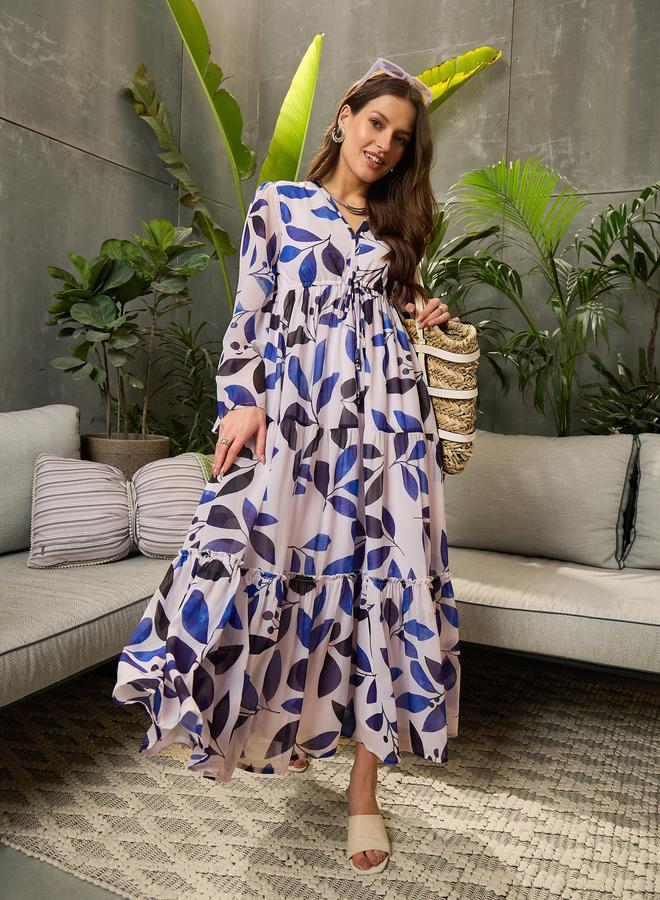 Sassafras White Leaf Print Tiered Maxi Dress - Image 1