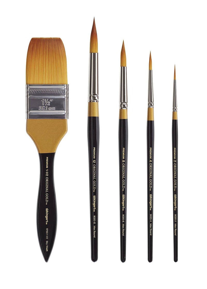 KINGART Original Gold Series Premium Golden Taklon Multimedia Artist Brushes, Painting Tools for Oil, Acrylic, Watercolor and Gouache, Gift Box, Nickel-Plated Ferrule, Synthetic Brush Hairs, Set of 5 - Image 4