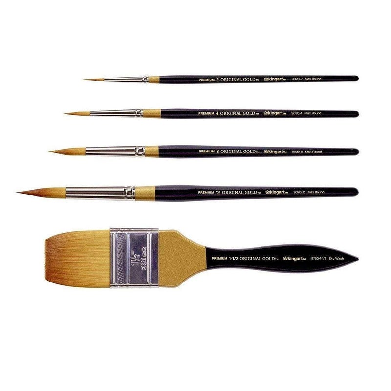 KINGART Original Gold Series Premium Golden Taklon Multimedia Artist Brushes, Painting Tools for Oil, Acrylic, Watercolor and Gouache, Gift Box, Nickel-Plated Ferrule, Synthetic Brush Hairs, Set of 5 - Image 3