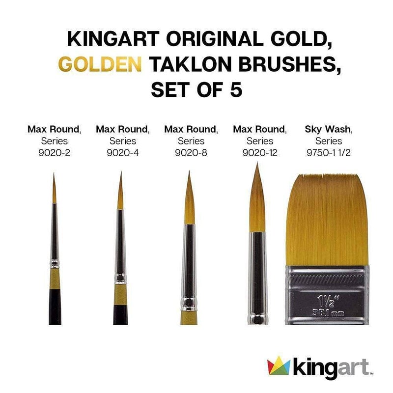 KINGART Original Gold Series Premium Golden Taklon Multimedia Artist Brushes, Painting Tools for Oil, Acrylic, Watercolor and Gouache, Gift Box, Nickel-Plated Ferrule, Synthetic Brush Hairs, Set of 5 - Image 2