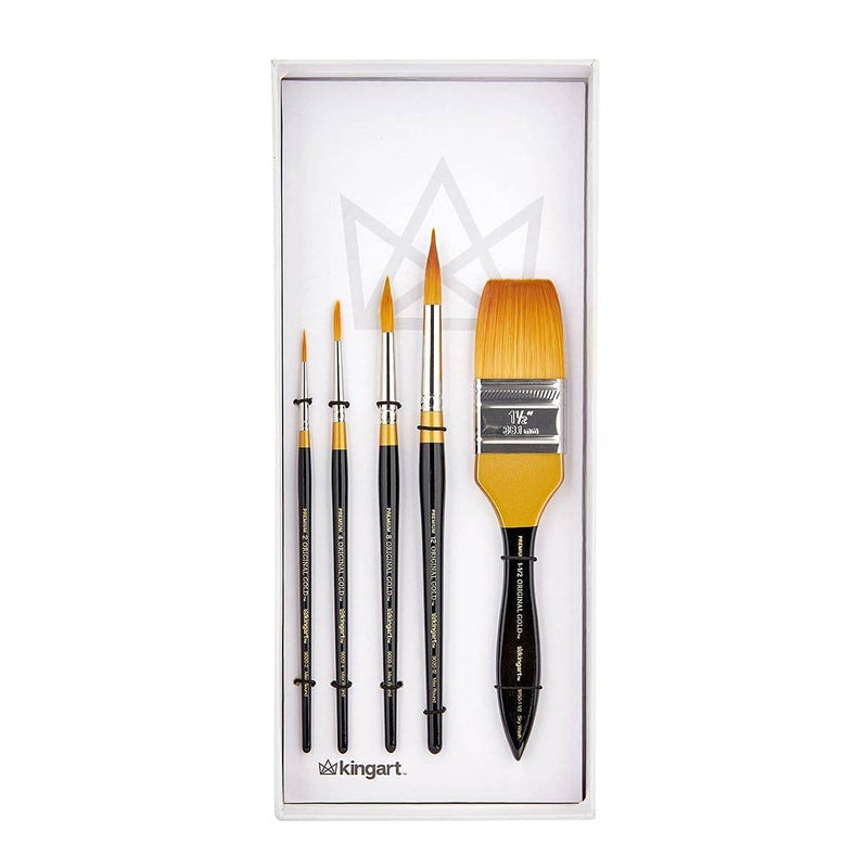 KINGART Original Gold Series Premium Golden Taklon Multimedia Artist Brushes, Painting Tools for Oil, Acrylic, Watercolor and Gouache, Gift Box, Nickel-Plated Ferrule, Synthetic Brush Hairs, Set of 5 - Image 1
