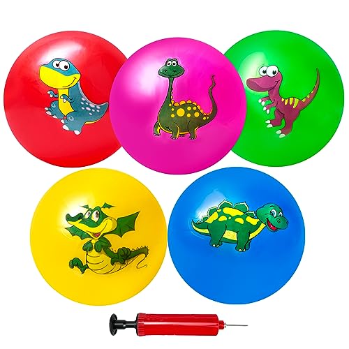 Hymaz 9 Inch 5 Pcs Bouncy Balls for Toddlers, Rubber Inflatable Bouncy Ball for Kids Ball Games, Soft Dinosaurs Sensory Balls with Pump for Indoor Outdoor Beach Playground Backyard Pool Class Games - Image 1