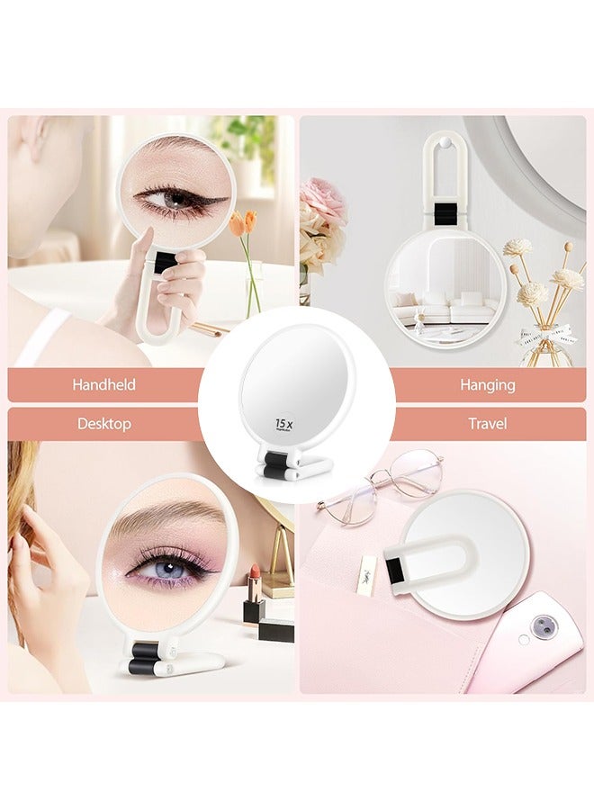 هاي هونور مرآة زينة صغيرة محمولة باليد مزودة بمرآة تكبير 15x للسفر، مرآة زينة صغيرة قابلة للطي على الجانبين مع مقبض للنساء، مقبض دوار 360 درجة، مرآة مكياج صغيرة للمكتب والطاولة (أبيض) - Image 4