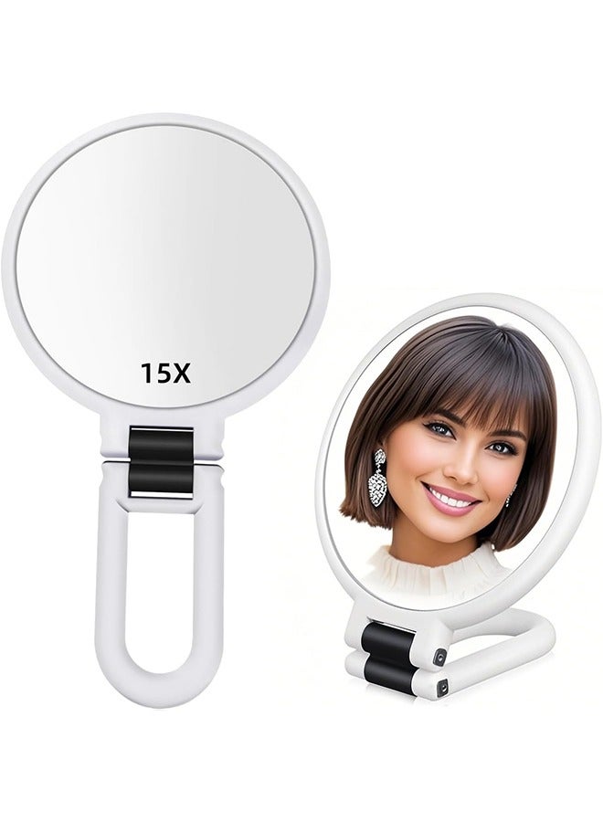 هاي هونور مرآة زينة صغيرة محمولة باليد مزودة بمرآة تكبير 15x للسفر، مرآة زينة صغيرة قابلة للطي على الجانبين مع مقبض للنساء، مقبض دوار 360 درجة، مرآة مكياج صغيرة للمكتب والطاولة (أبيض) - Image 1