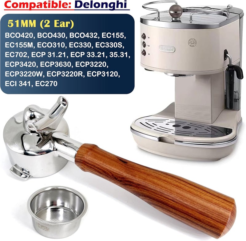 NEOUZA Espresso Portafilter 51mm Compatible with DeLonghi Stilosa ECP3121 ECP3321 ECP3531 Coffee Machine Nonpressurized Basket Double Spouts 2 Ears - Image 4