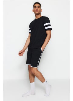Black Men's Regular Fit Crew Neck Sleeve Striped Pajamas Set