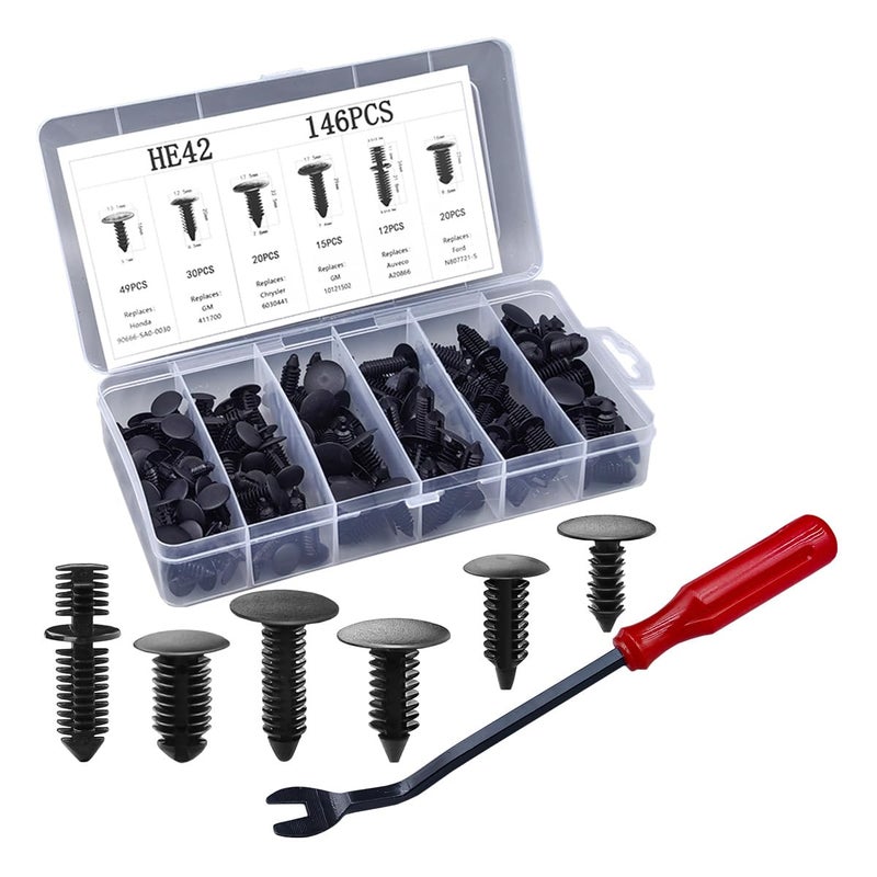 146PCS Auto Body Shield Retainer Fastener Clip Assortment Kit 6 Popular Sizes Nylon Fenders Bumper Clips with Fastener Remover Blind Rivets Double End Xmas Tree Retainer Rocker Moulding Clips