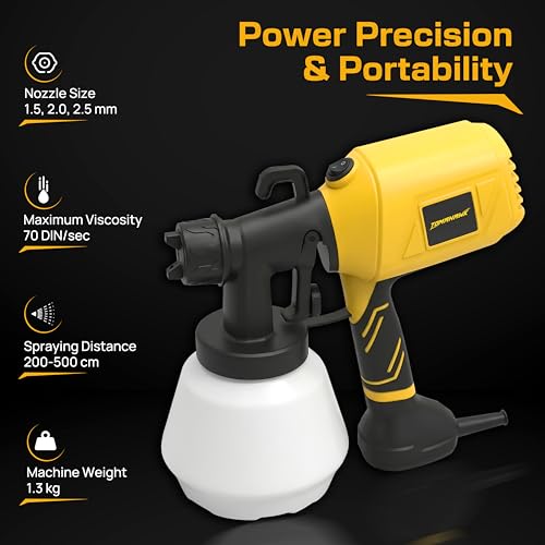 Tomahawk EPS-C10 550W Electric Paint Sprayer with 100% Copper Motor, 1000ml Tank, 3 Nozzles (1.0/1.8/2.5mm), HVLP High Flow 800ml/min for Home & DIY Painting (Yellow) - Image 3
