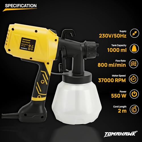 Tomahawk EPS-C10 550W Electric Paint Sprayer with 100% Copper Motor, 1000ml Tank, 3 Nozzles (1.0/1.8/2.5mm), HVLP High Flow 800ml/min for Home & DIY Painting (Yellow) - Image 2